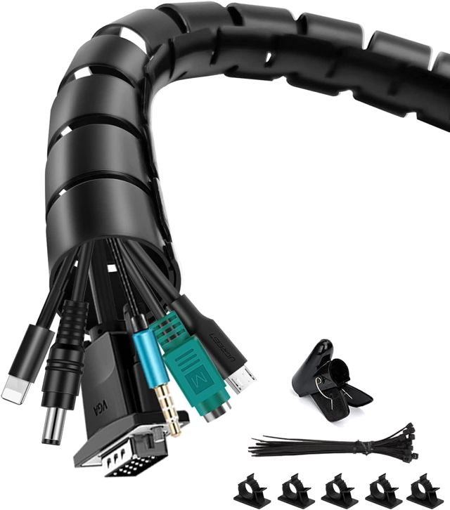 shinfly Cache Cable, Range Câble 2x1.5M, Noir, Manchon de Rangement Organisateur de Câble avec 20 Colliers de Câble, 5 Clips de Câble Adhésifs, 1 Clip de Guidage de câble 16 mm + 22 mm