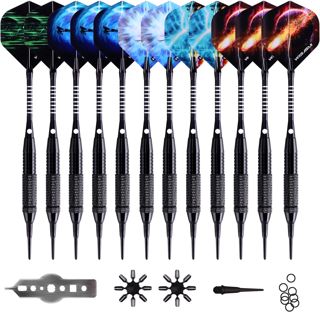 WIN.MAX Flechette Pointe Plastique, 12 Fléchettes avec 24 Ailettes et 100 Pointes, Set de Flechettes à Pointe Souple pour Cible de Flechette Electronique