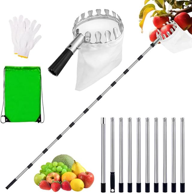 4,2 m Cueille Fruit Telescopique, Cueilleur de Fruits Amovible avec Sac De Rangement, Ramasse Fruit de INOX, Fruits Cerise Outil à Cueillir de Fruits pour Maison, Verger, Ferme, Diamètre 16 cm