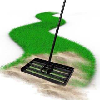 Râteau à Gazon, 75 x 25 cm, Manche de 213 cm, Acier Inoxydable, Manche réglable, Outil Professionnel d'entretien de la pelouse pour Jardins, terrains de Golf et fermes (Noir, 25cm*75cm*213cm)