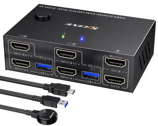 Displayport HDMI KVM Switch 2 PC 2 Moniteurs 4K@60Hz USB 3.0 Commutateur KVM à double Moniteur pour 2 Ordinateurs Partager Clavier Souris et 2 Moniteurs, 2 câbles USB3.0 Inclus