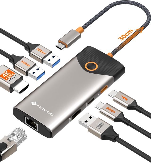 NOVOO USB C Hub, 7-en-1 Dock avec HDMI 4K à 60Hz, 1 Gbps Ethernet, 100 W PD Charge, Ports USB-A/C 5 Gbps, Station d'accueil Compatible pour MacBook, iPad, iPhone, Dell, HP, Surface