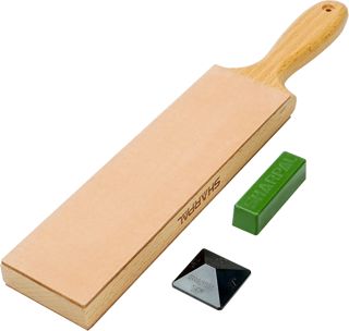SHARPAL 205H Kit de Premium Stropping affûtage en cuir avec poignée (330 x 60mm), avec 53 g de pâte à polir et guide d'angle, aiguiseur de couteaux, Strop d’affûtage en Cuir Premium bloc pour couteaux