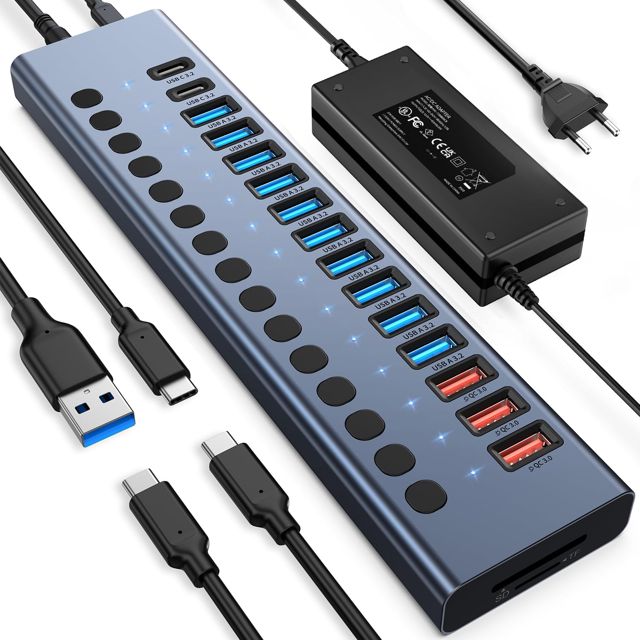 VANGREE Hub USB Alimenté 10Gbps, 17 Ports USB 3.2, Adaptateur 96W