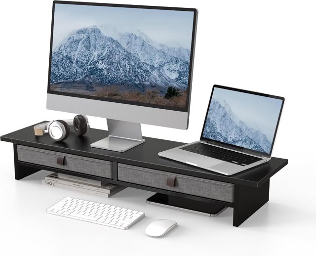 Fenge Support Ecran PC 90cm, 2 Tiroirs Lin, Ordinateur Moniteur TV, Marron