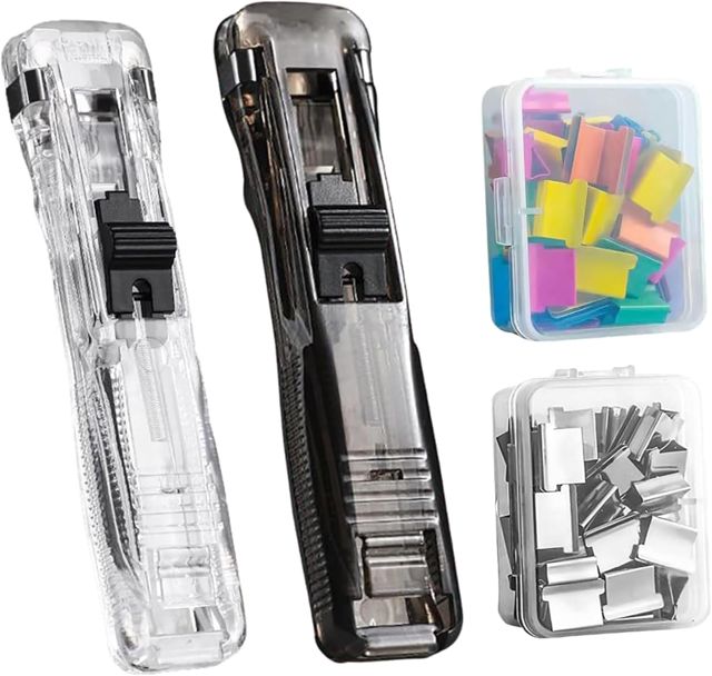 2 Pièces Clam Clip Dispenser, Distributeur de Pinces Réutilisable Portable, Agrafeuse à Pince Sans Agrafes, avec 100 Clips Métal Inox pour Documents, Bureau, École, Maison (B)