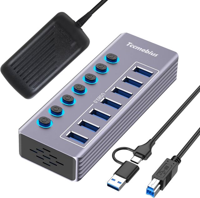 Hub USB Alimenté à 7 Ports Aluminium USB 3.0 Data Hub avec Interrupteur Séparé LED, Adaptateur d'alimentation 12V/3A, 2-en-1 (USB A/C) Data Cable 100cm, pour Laptop MacBook Pro/Air PC