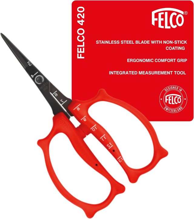 FELCO 420 Ciseaux de précision pour taille et trimming de fleurs, ciseaux de jardinage avec lames longues anti-adhérentes, poignées ergonomiques Softgrip, coupe précise 150 mm