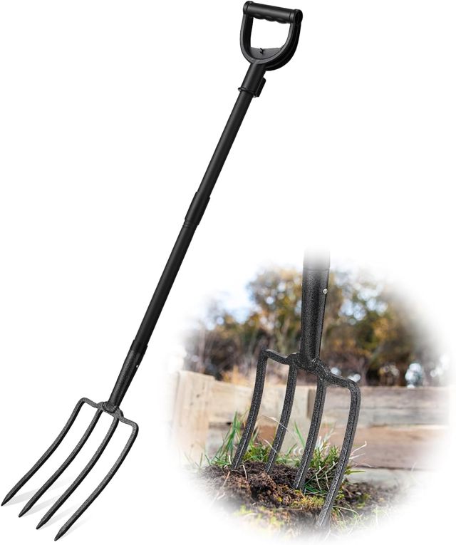 127cm Fourche à Bêcher, Fourche Plate pour Dureté Fourche Plate à 4 Dents avec Poignée en D Fourche à Creuser en Métal pour Creuser et Desserrer/Noir