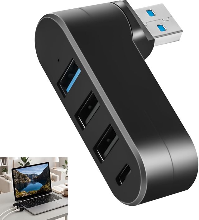 Mini Hub USB 4 Ports Rotatif 90°/180°, Adaptateur USB 3.0 + 2 USB 2.0 + USB C, Répartiteur Haute Vitesse 5 Gbps, Extension USB Compacte pour Ordinateur Portable MacBook PC Clé Disque Dur