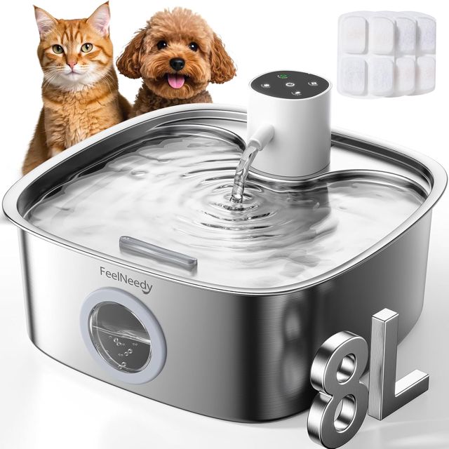 FEELNEEDY 8L Fontaine a Eau Chat sans Fil avec 3 Filtres, Batterie 5000mAh