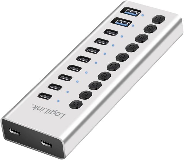 LogiLink UA0446 Hub USB 3.2 Gen1 avec 4 Ports et câble/Adaptateur, USB Type A et USB Type C, Interrupteur Marche/arrêt, Aluminium