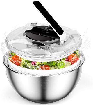 ZWOOS 4,5 L Essoreuse à Salade Acier Inoxydable Grande Sécheuse à Légumes à Pression Facile à Une Main avec Couvercle ase Antidérapante Bouton Stop Salad Spinner pour Laitue Légumes Herbes Baies