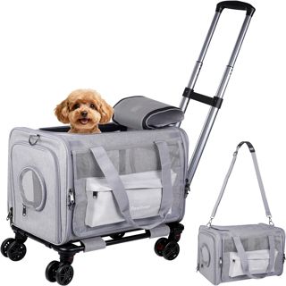 Sac Transport Chat Chien, roulettes, Homologué Avion, Pliable, Rose, 3-en-1