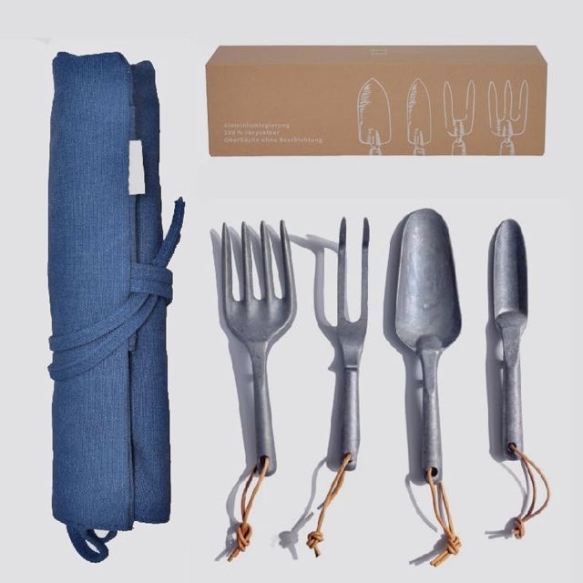 Set 4 Outils Jardin en alu Non revêtu – Inoxydable, Anti-reflet, Solide, léger & Ergonomique – avec Sac de Transport – Cadeau écoresponsable pour jardiniers Amateurs.