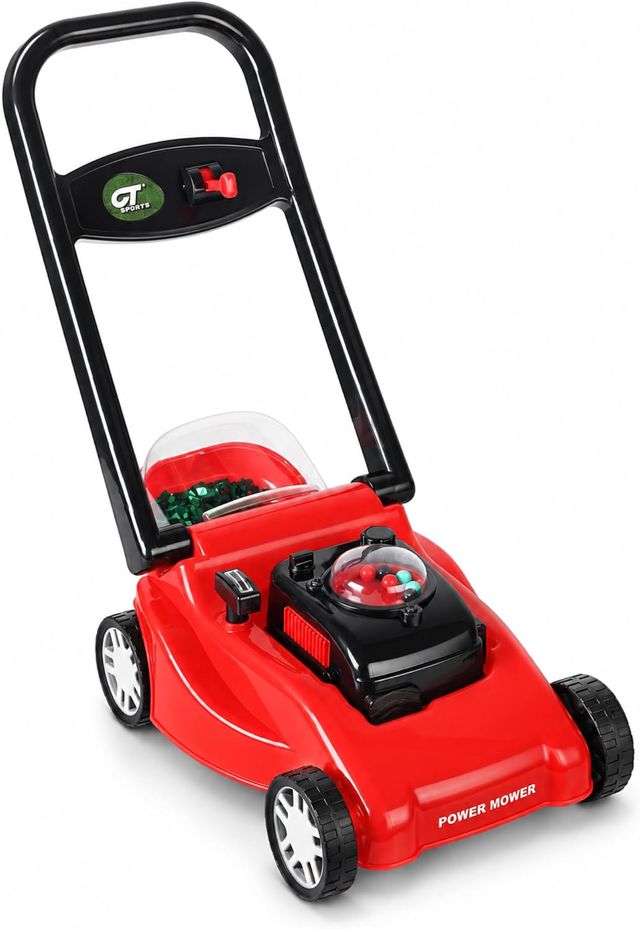 Tondeuse à gazon pour enfant avec action de coupe d'herbe réaliste et sons – Pas besoin de piles | Tondeuse à gazon pour enfants, jouet amusant pour enfants (rouge)