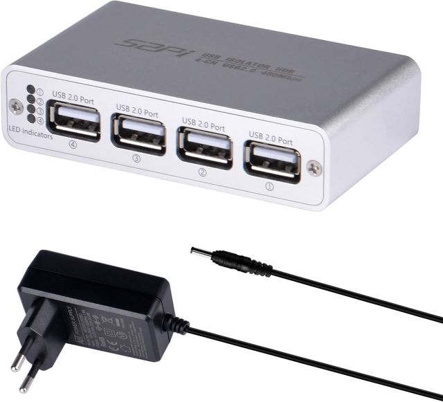 GeeekPi Hub numérique d'isolation USB, 4 ports USB 2.0, haute vitesse 480 Mbit/s, puce ADuM3165 de qualité industrielle, protection RMS 3,75 kV, transfert de données bidirectionnel