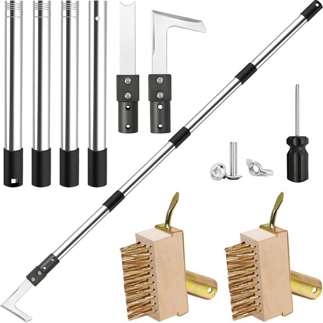 Brosse à Mauvaises Herbes 160 cm Long, Kit de Désherbage avec Manche en Acier Inoxydable, 2 Têtes de Brosse et 2 Grattoirs en Métal pour Dalles, Pavés et Murs