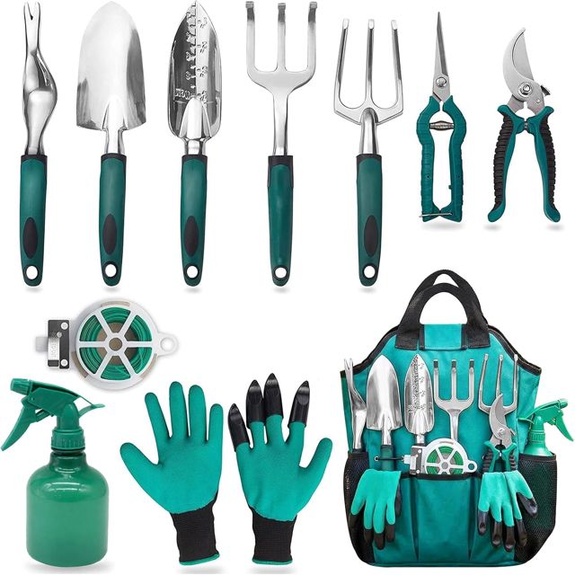 Lot de 11 outils de jardin avec poignée ergonomique antidérapante avec sac de rangement, pelle de jardin, pulvérisateur, sécateur, gants de jardin, outils manuels de jardin, cadeau pour les amateurs