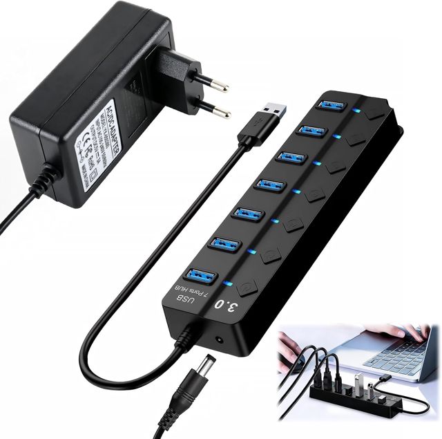 Hub USB 3.0 7 Ports, Multiport Alimenté Répartiteur USB avec Interrupteur