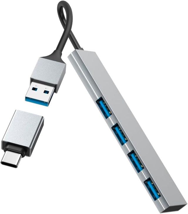 Hama Hub USB, 4 Ports, USB 3.2 Gen1, 5 Gbit/s, Ultra Slim avec Adaptateur USB-C, Garantie 30 Ans, Gris