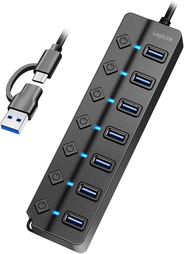 LogiLink UA0420 - Hub USB 3.2 Gen1 avec 7 Ports et Interrupteur Marche/arrêt (par Port)