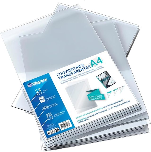 Lot de 100 Couvertures de Reliure A4 PVC Transparent Incolore 200 Microns – Transparentes et Brillantes pour Dossiers Reliés, Reliure Anneaux Plastiques, Métalliques ou Baguettes – Qualité Premium