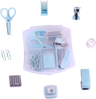 Mini kits de fournitures de bureau – Comprend une mini agrafeuse, des ciseaux, un extracteur d'agrafes, un distributeur de ruban adhésif (bleu)