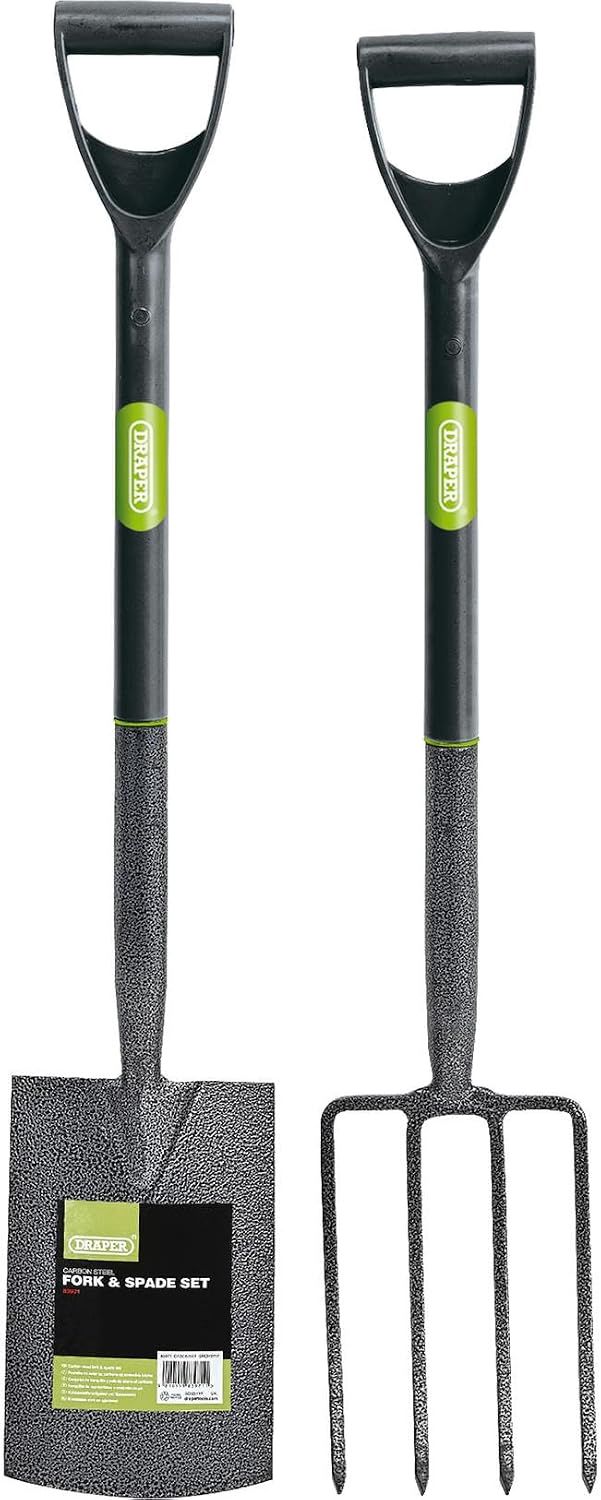 Draper Ensemble Fourche et Pelle de Jardin en Acier Carbone | Ensemble d'outils de Jardinage | Outils de Jardin à Long Manche | 83971, Vert/Noir