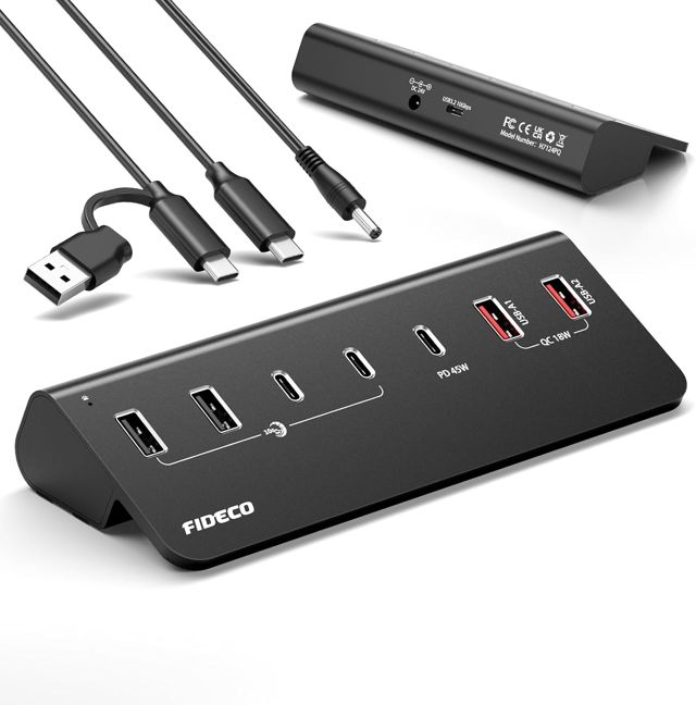 FIDECO Hub Alimenté 7 Ports 72W, Hub USB avec 1 PD 45W, 2 Ports de Charge QC 3.0 et 4 Ports 10Gbps USB 3.2 (2 USB-A + 2 USB-C), Hub USB en Aluminium pour Laptop, PC, MacBook, iPhone 17/16/15