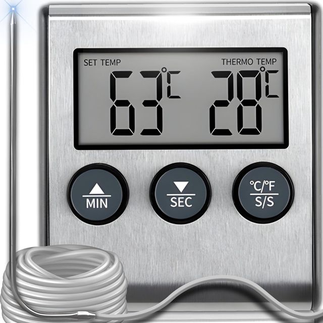 Retoo Thermomètre Cuisine pour Viande Numérique avec Sonde Thermosonde De Cuisson Minuteur Intégré Barbecue Grill Thermomètre Acier Inoxydable 0 à 250 °C 2 unités de mesure de température