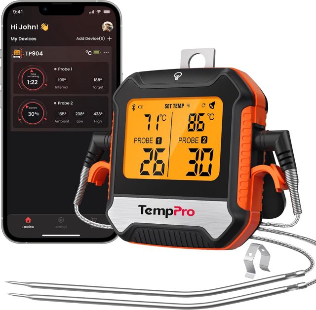 ThermoPro TempPro TP904 Thermomètre à viande numérique sans fil Bluetooth 135 m Thermomètre de cuisson avec application intelligente Double sonde de température de qualité alimentaire pour cuisine