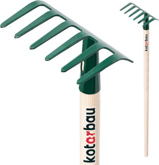 KOTARBAU® Rateau a Feuille - 11,5 cm - Rateau Jardin - Acier - 30 cm - Vert - Outil pour Massifs de Fleurs - avec Manche en Bois - 6 Dents - Compact - Résistant à L’Humidité