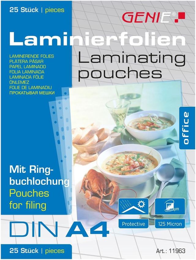 Genie Lot de 25 pochettes à plastifier A4 avec marge et perforations Transparent