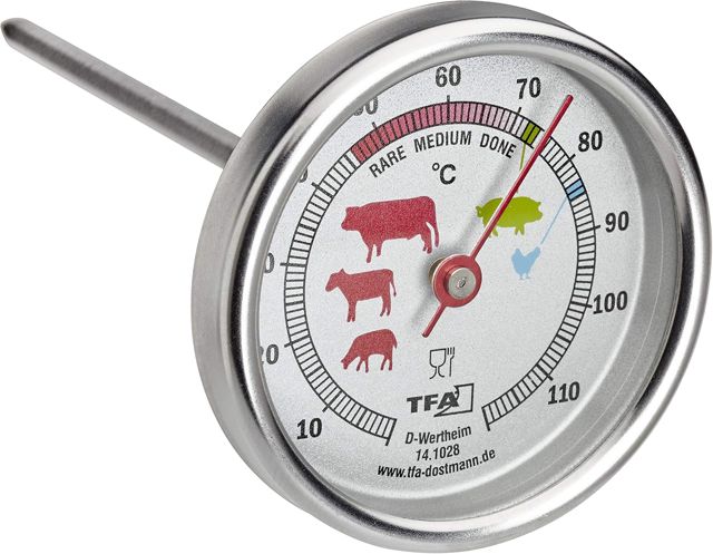 TFA Dostmann Thermomètre à viande analogique en acier inoxydable, 14.1028, idéal pour la viande, le poisson, la volaille, thermomètre à barbecue, rôtissage parfait, argenté