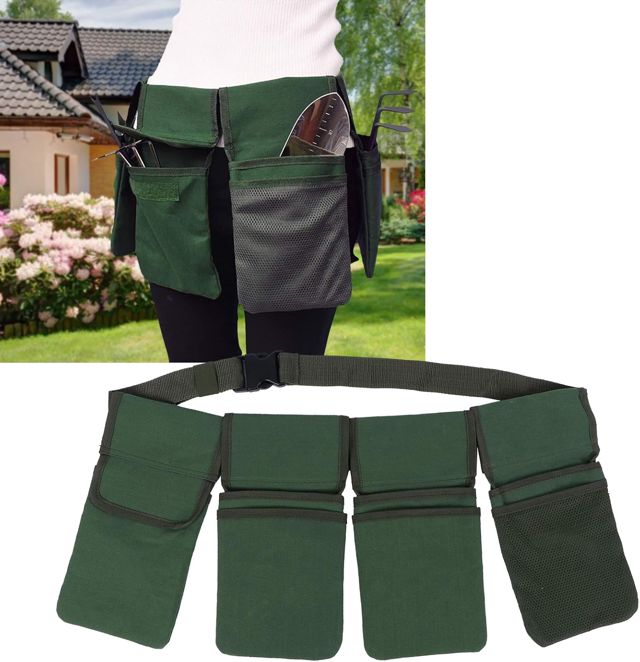 Ceinture à outils de jardin EBTOOLS, sac organisateur de jardin en toile résistante avec 4 poches amovibles et profondes, lavable, vert, 29 x 15 cm, 125 cm de long