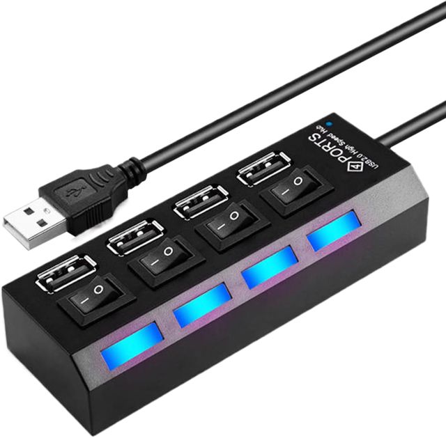 Hub USB Multiprise – 4 Ports Connecteur Données | ABS Adaptateur Informatique – Concentrateur USB Noir avec Interrupteur indépendant et Base antidérapante, idéal pour Bureau, Voyages, télétravail