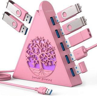 Hub USB 3.0 à 7 ports, hub USB RVB avec lumière d'arbre RVB et câble de 0,6 m, hub USB 3.0 rose pour ordinateur portable, PC, clé USB, disque dur, console, imprimante, clavier, souris (rose)