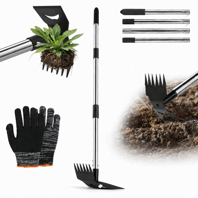 Extracteur de Mauvaises Herbes avec Long Manche Outil de Désherbage Manuel 2 en 1 Outil de Désherbage de Jardin Outils Manuel Arrache Racine sans Se Baisser pour Cour, Pelouse, Terrasse, Jardin