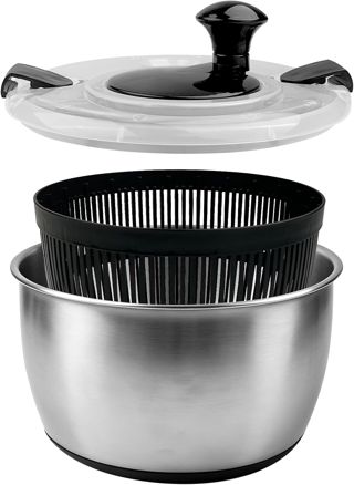 Chiluxendo Essoreuse à Salade INOX avec Couvercle, Panier a Salade Essoreuse avec Entraînement par Manivelle, Séchoir à Laitue avec Base Antidérapante pour Laver, Essorer et Servir(5L, ø 24.5cm)
