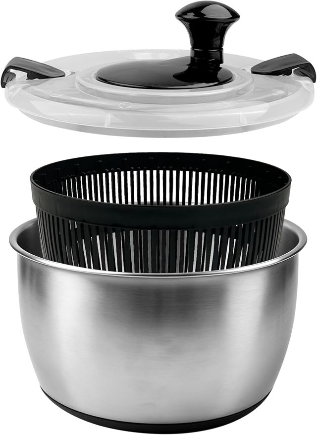 Chiluxendo Essoreuse à Salade INOX avec Couvercle, Panier a Salade Essoreuse avec Entraînement par Manivelle, Séchoir à Laitue avec Base Antidérapante pour Laver, Essorer et Servir(5L, ø 24.5cm)