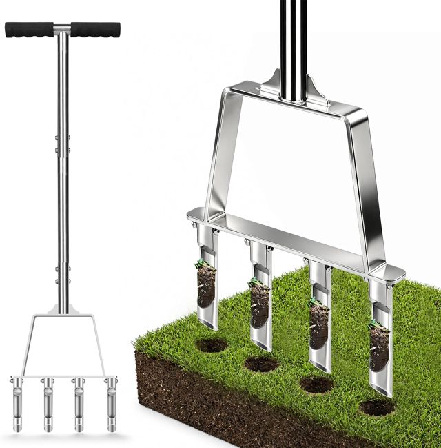 Aérateur de pelouse, fourche d'aération, 4 cuillères creuses en acier inoxydable, aérateur de pelouse manuel avec pédale pour pelouse, jardin, poignée en T, aérateur de pelouse, scarificateur, outil