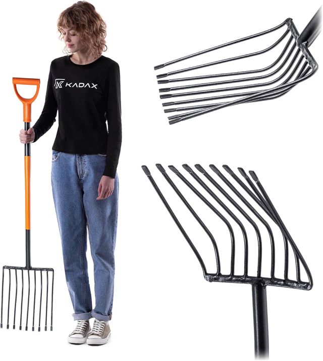 KADAX Fourche à Pommes de Terre dotée d'une Tête en Acier Trempé au Carbone et des Dents Plates, Outil de Jardin avec Manche Long (9 Dents)