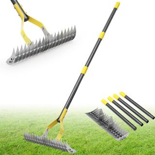 Râteau de chaume de jardin robuste avec 19 dents en acier de 140 cm, 38 cm de large, outil de scarificateur manuel pour scarifier la pelouse, enlever la mousse et l'herbe, niveler le sol