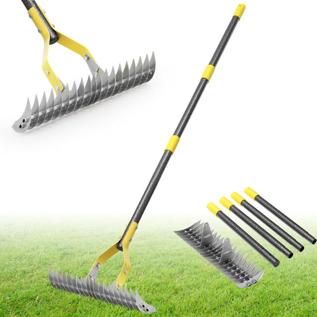 Râteau de chaume de jardin robuste avec 19 dents en acier de 140 cm, 38 cm de large, outil de scarificateur manuel pour scarifier la pelouse, enlever la mousse et l'herbe, niveler le sol