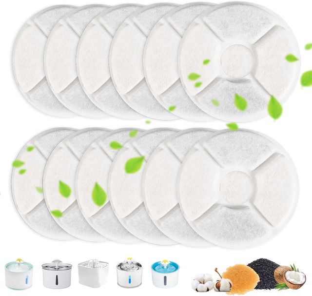 KOMABLEN Lot de 12 Round Filtre Fontaine Eau Chat, Filtre Fontaine avec la résine et Charbon Actif, Quadruple Filtration Remplacement Filtre Fontaine à Eau pour Chien