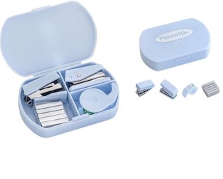 Agrafeuse de 500 agrafes - Mini kit de bureau avec perforatrice et dérouleur de ruban adhésif - Kit compact 4 en 1 pour l'école, le bureau et les déplacements - Blanc/bleu (blanc 4 pièces)