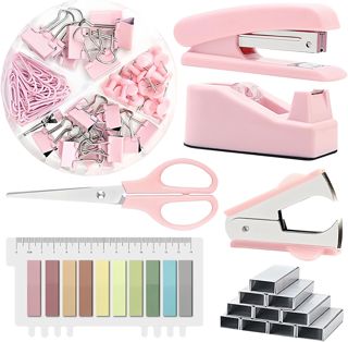 Fournitures de Bureau Roses: Ensemble de Fournitures de Bureau, Kit d'accessoires de Bureau avec Agrafeuse, Distributeur de Ruban Adhésif, ôte-agrafes, Clips, Ciseaux, Onglets