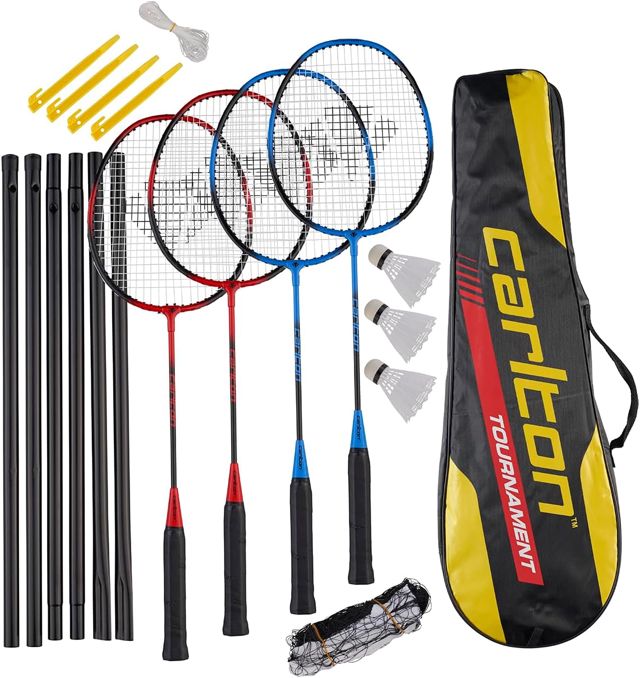 Carlton Tournament Badminton Set de Raquettes, 4 Joueurs (4 Raquettes, 3 Volants, 1 Sac, Filet et poteaux)