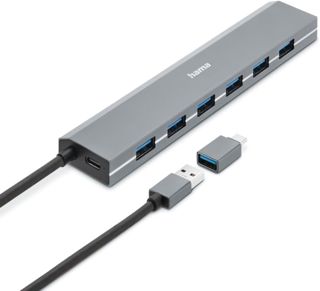 Hama Hub USB 7 Ports 5Gbps (avec Adaptateur USB-A vers USB-C et Bloc Secteur, Thunderbolt, Boîtier Aluminium, 7X USB-A, pour Souris, Clavier, Disque Dur, Clé USB, Dongle, Idéal PC ou Macbook) Gris